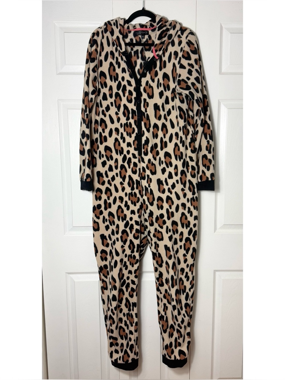 Topshop Leopard Hooded Onesie Pajamas Plush Fleece Cheetah Costume Size Large